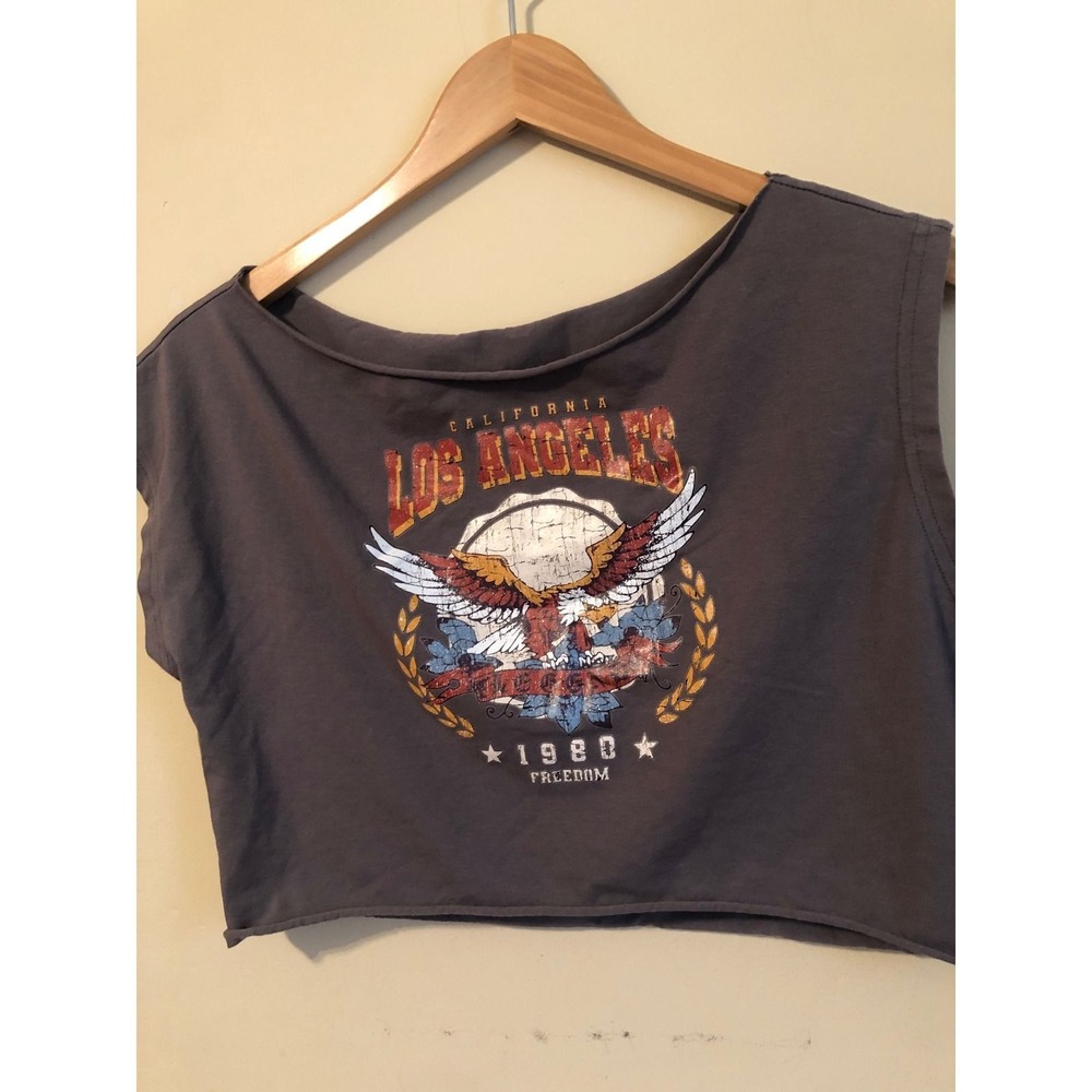Los Angeles 1980 Freedom Biker Eagle Graphic Crop Top Gray Sleeveless Tee Small